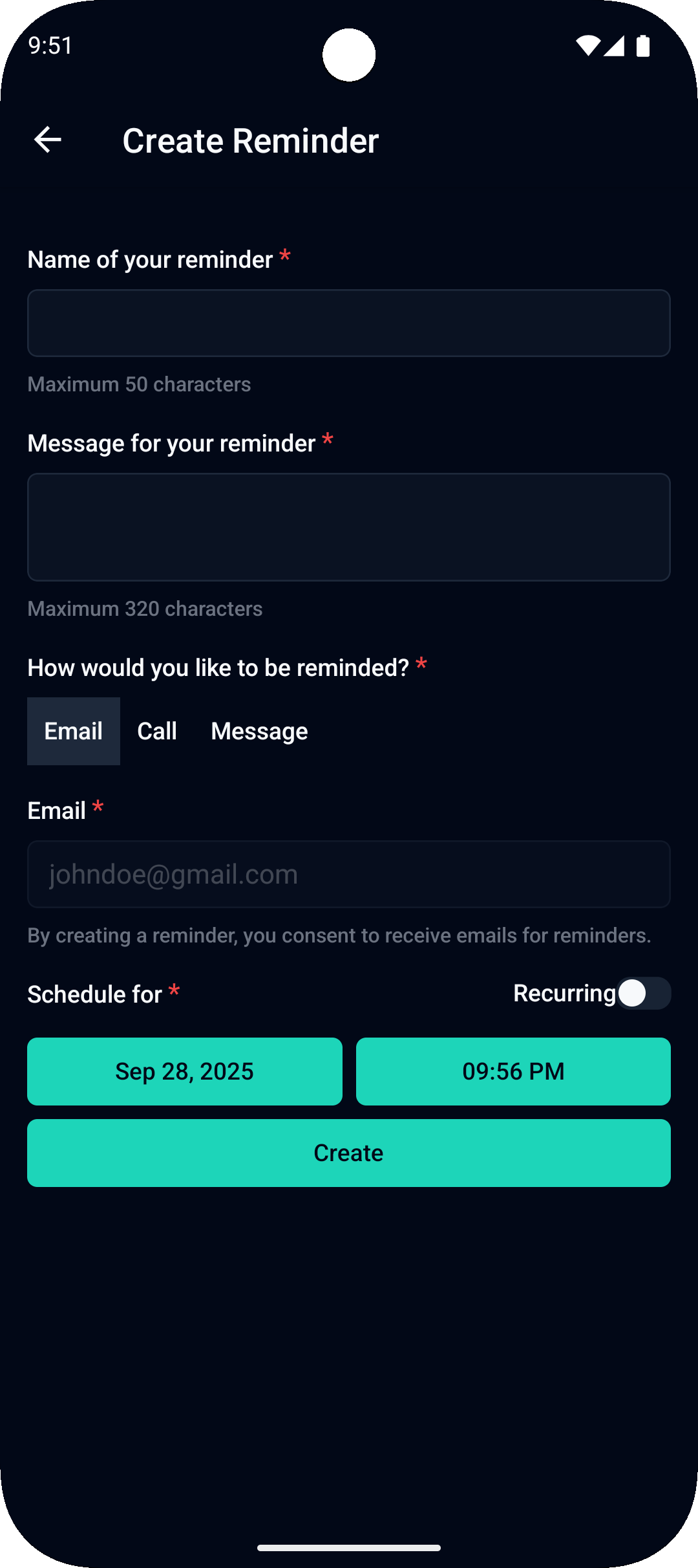 Create Reminder Screen