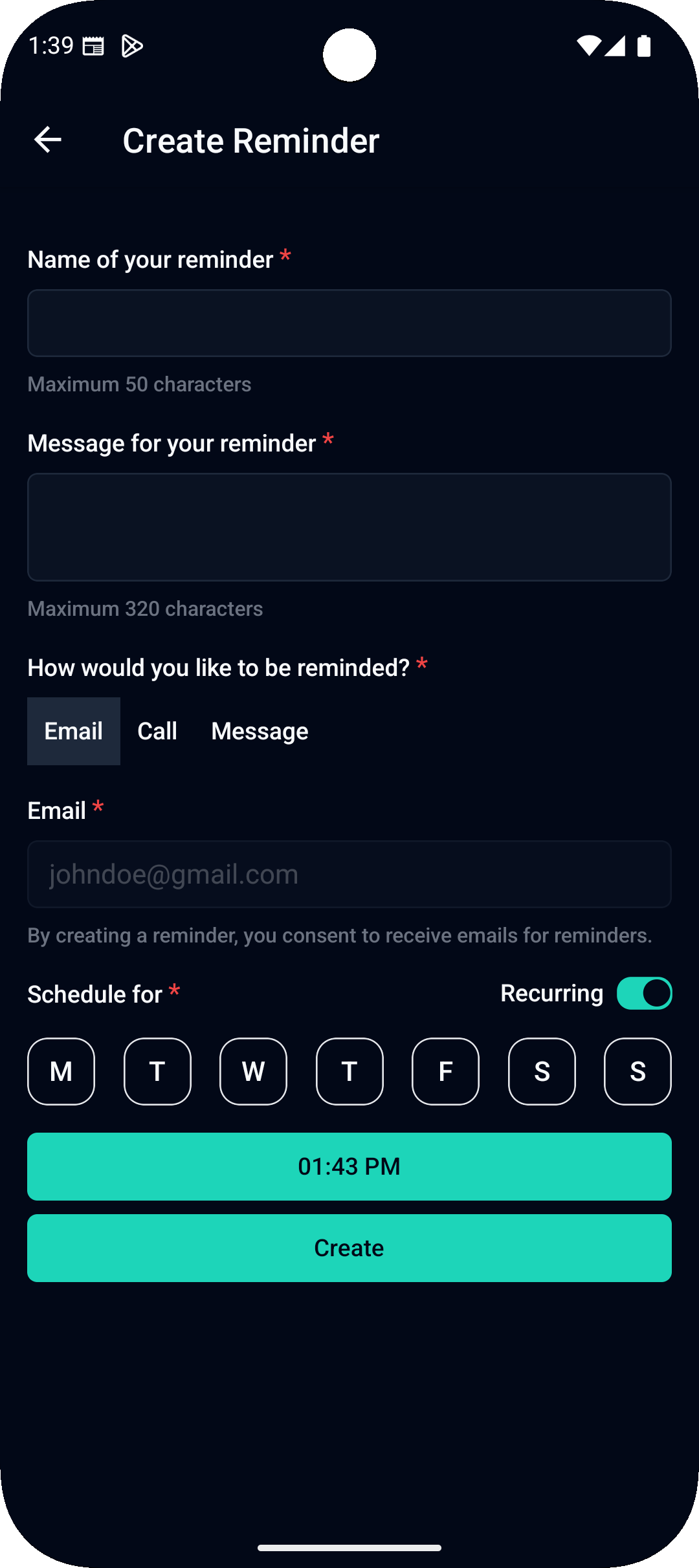 Create Reminder Screen